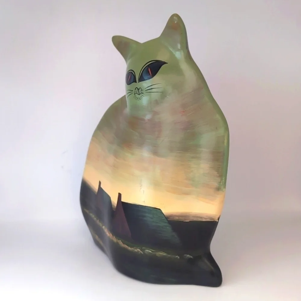 Vintage Ganz Hand Painted Cat Kitten Vase with Rural Landscape Farm Design